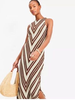 LOFT Cream and Brown Chevron Midi Dress